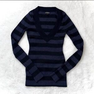 Express Women's Navy & Black Striped V-Neck Pullover